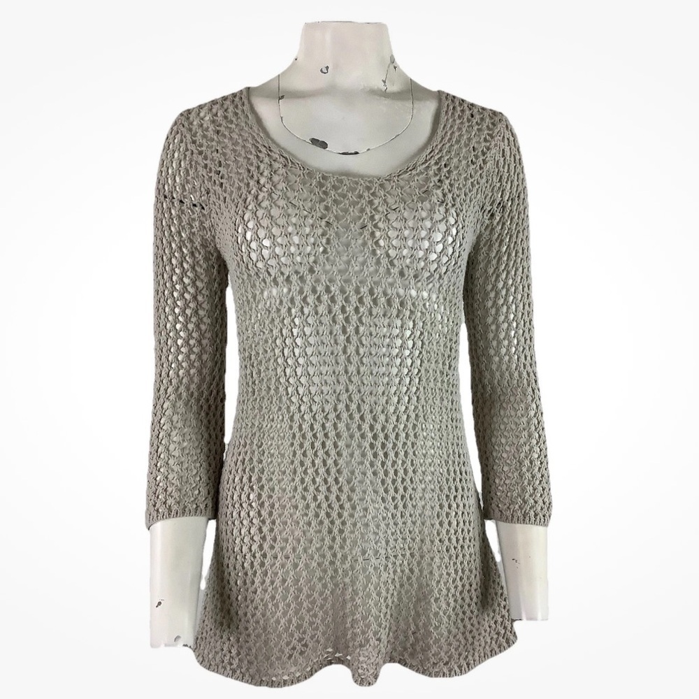 Wooden Ships Sz M/L Open Knit Beach Tunic Pullover Sweater Beige Cotton Blend